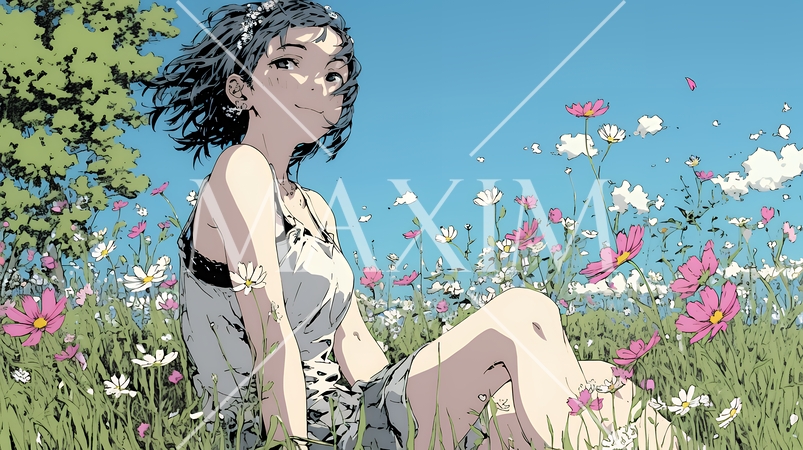 コスモス畑にいる若い女性