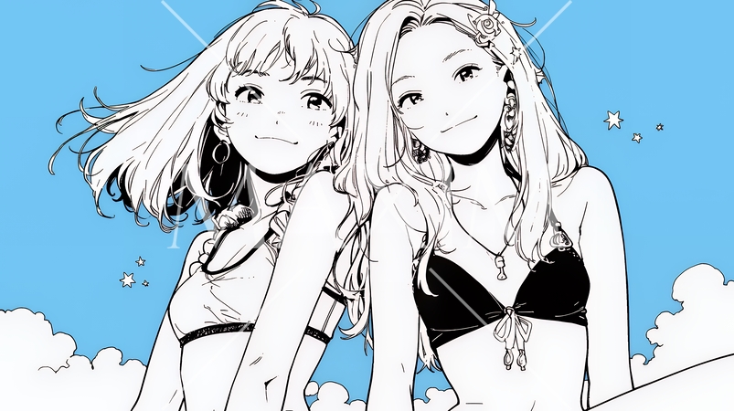 ビーチリゾートを満喫する若い女友達たち（シンプルな色使い）