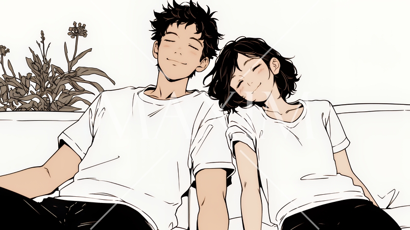 幸せそうなカップル：リビングルームて談笑（シンプルな色使い）