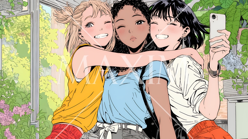 スマホで自撮りしている若い女友達