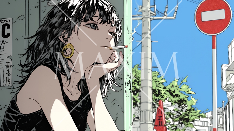 タバコをくわえて座り込んでいる若い女性