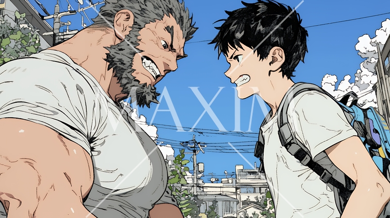 親子喧嘩：青年男子の息子と父親がいがみ合っている