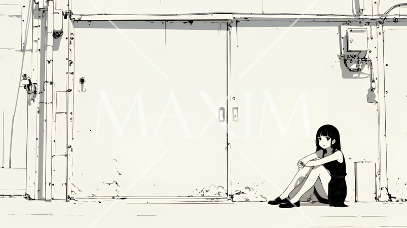 若い女性が佇む都市の街角（シンプルな色使い）