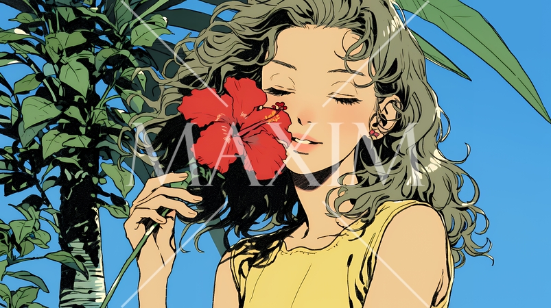 ハイビスカスと若い女性