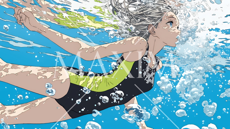 海で泳いでいる若い女性