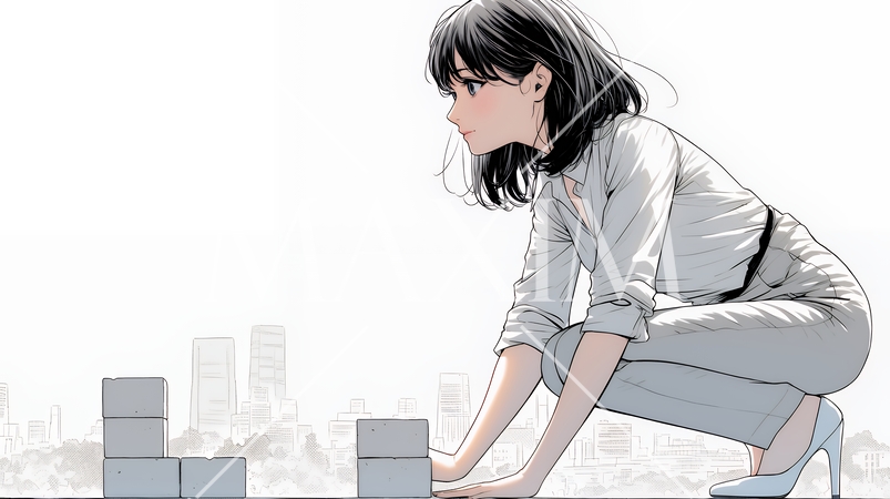 コンクリートブロックを積み上げているビジネスウーマン：計画の段階的積み重ねの比喩