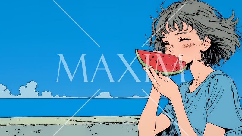 スイカを海辺て食べている若い女性