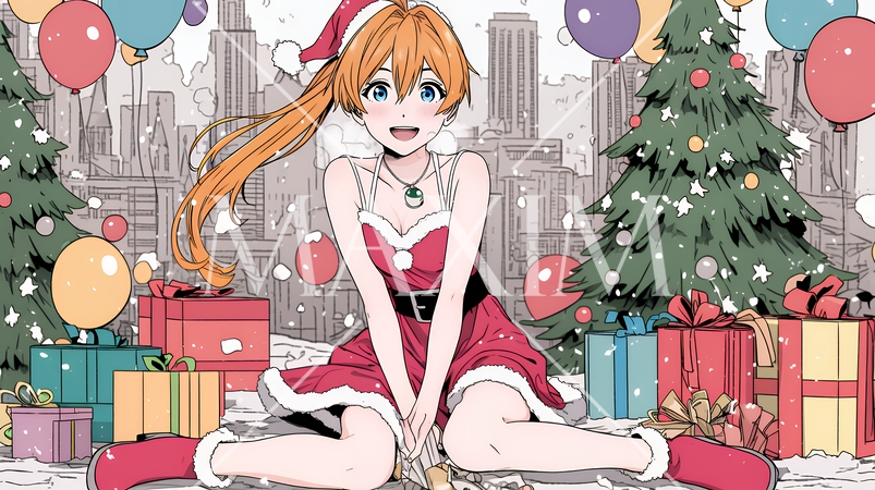 クリスマスプレゼントをたくさんもらって大喜びの若い女性