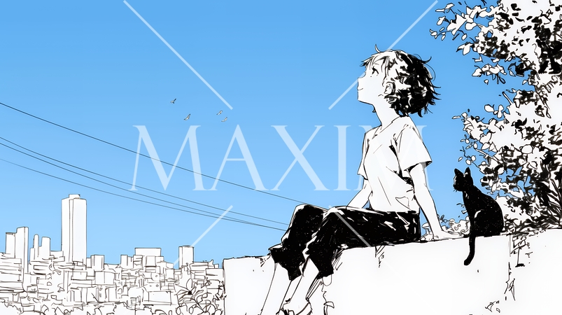 若い女性が佇む都市の街角（シンプルな色使い）