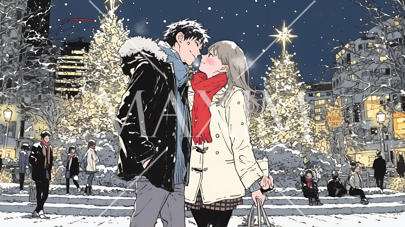 クリスマスイルミネーションの街でデートしているカップル