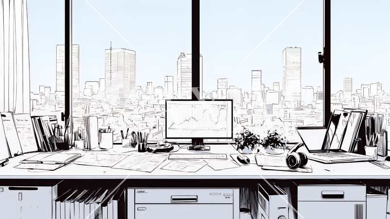 誰も席にいない職場の事務机（シンプルな色使い）