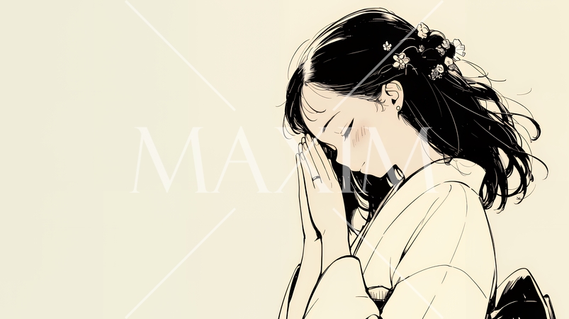 手を合わせてお祈りをしている和服姿の若い女性（シンプルな色使い）