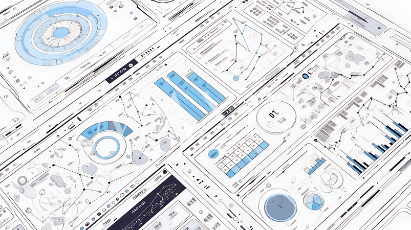 様々なチャートや数値表など様々な計量指標がランダムに空間に散りばめられた背景
