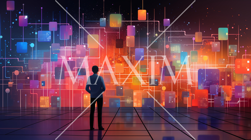 ビッグデータとAI：データ解析、AIが洞察を得る、データセンターの様子。