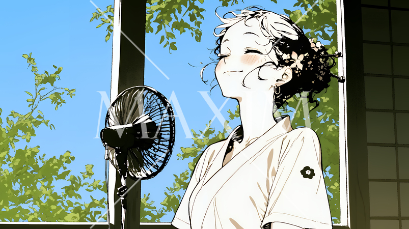 暑い夏の昼下がり、扇風機にあたって涼んでいる若い女性（シンプルな色使い）