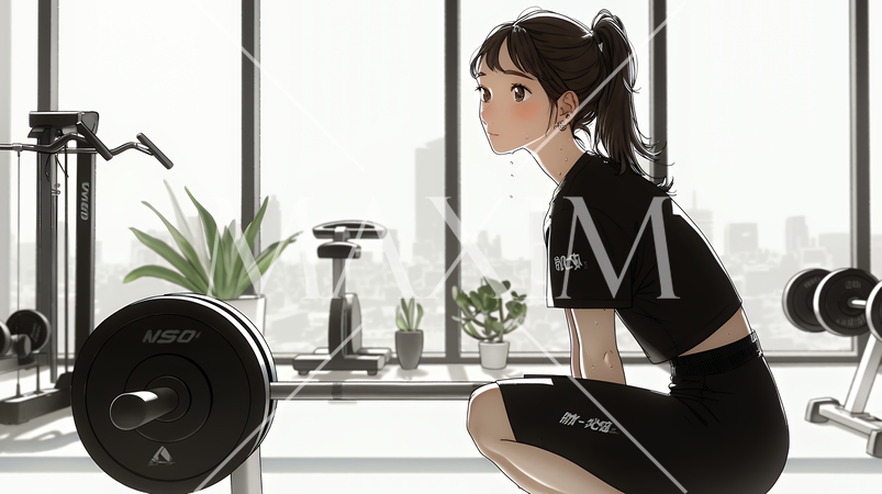 休日にジムで軽く運動する若い女性（シンプルな色使い）