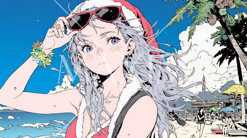 真夏（南半球）のビーチで活動中の女性のサンタクロース