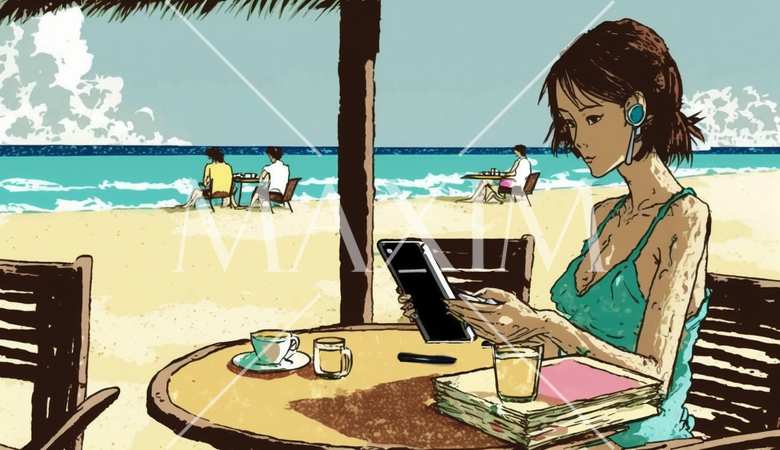 海辺のリゾートに来ているのに仕事のデジタルデバイスを手放せない女性