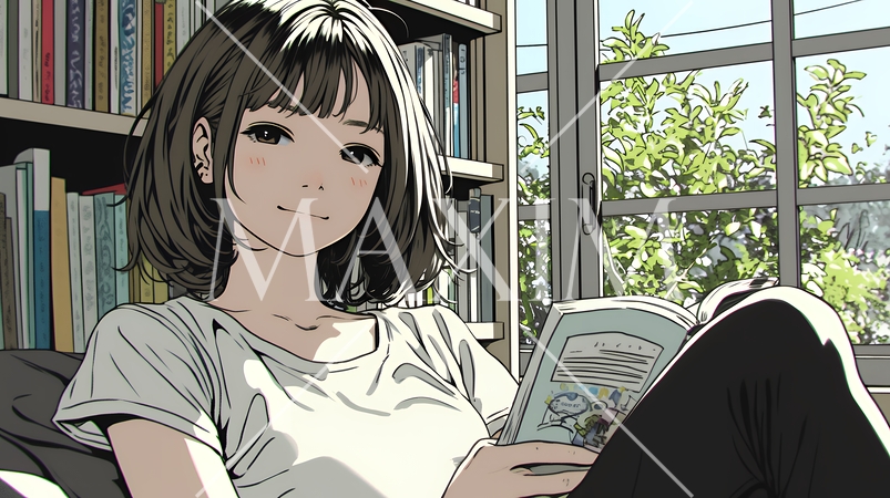 のんびり・ゆったり：窓辺でリラックスして本を読んでいる若い女性