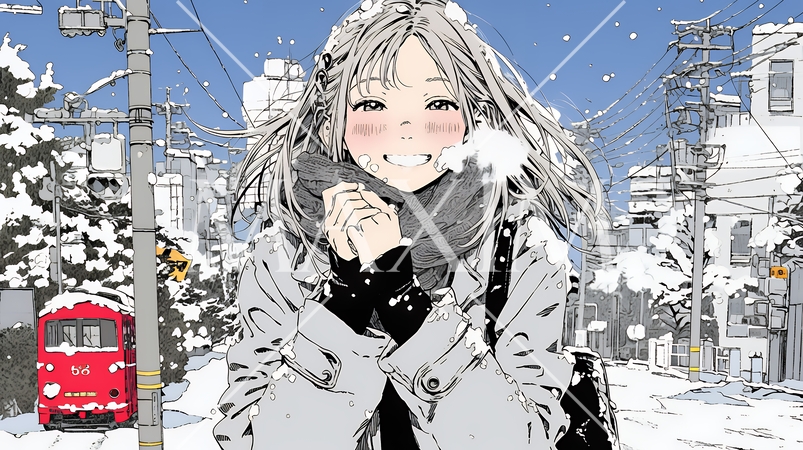 かじかんだ手に息を吹きかけて温めている若い女性