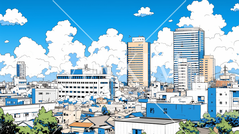 都市の町並みと夏の青空