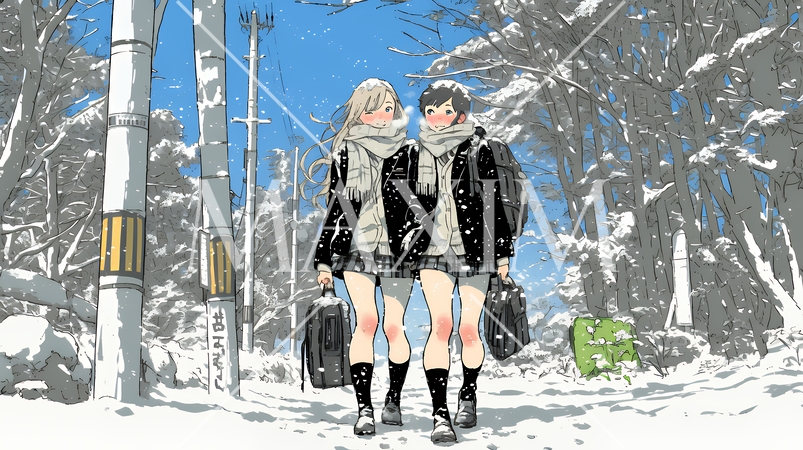 雪の日に友達と通学する女子高生