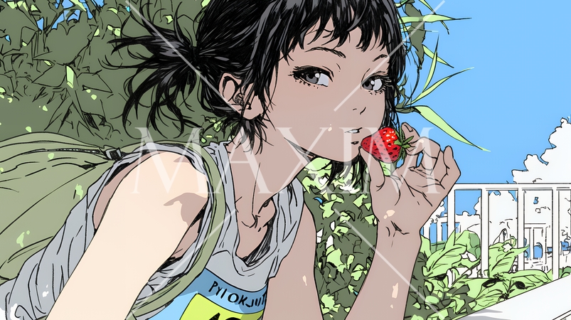 イチゴを摘んで食べている若い女性