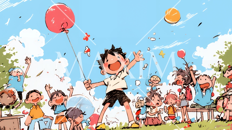 小学生の夏の思い出：ピクニック（クレヨン＋水彩画風）