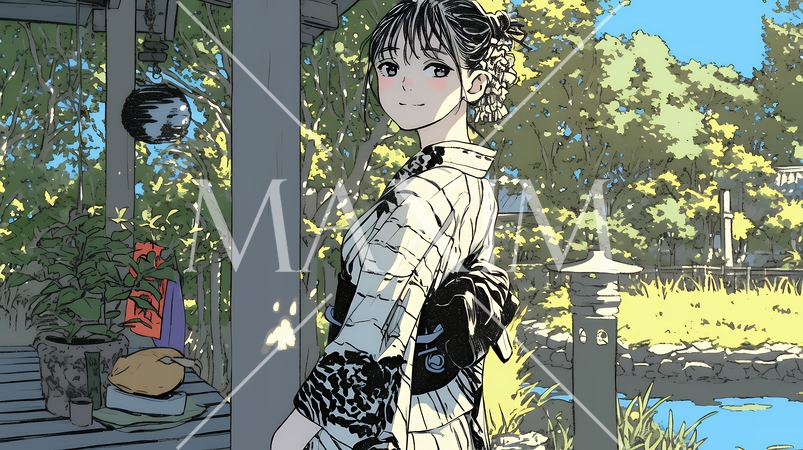 浴衣姿で夕涼みをしている若い女性