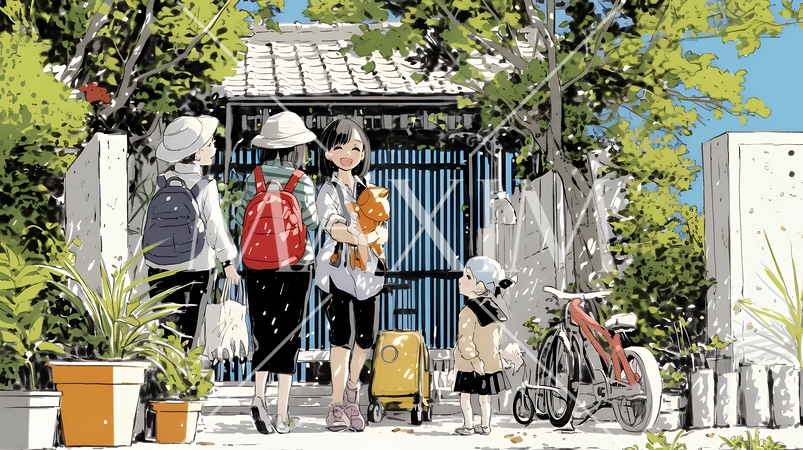 道端で会話を楽しむ若い主婦たち（ママ友たち）