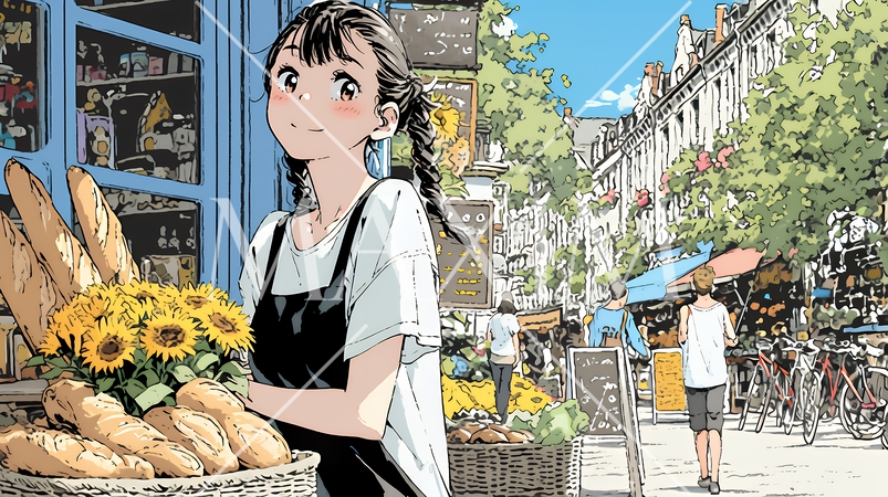 近所のパン屋で焼きたてパンを買う若い女性