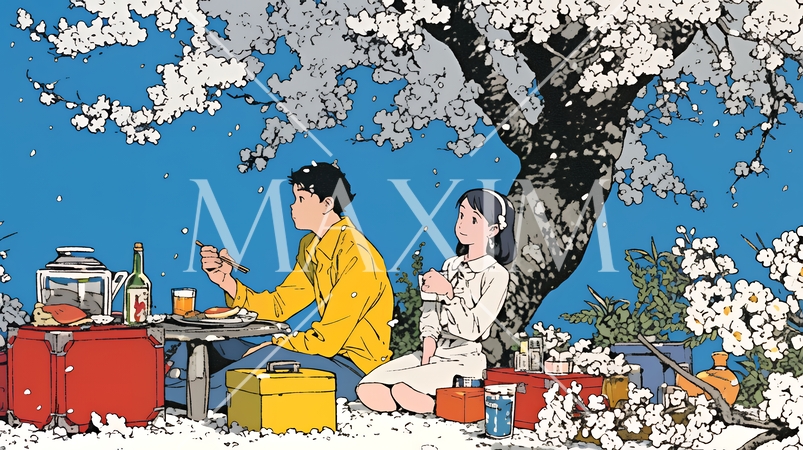 満開の桜の下で仲間たちと花見宴会