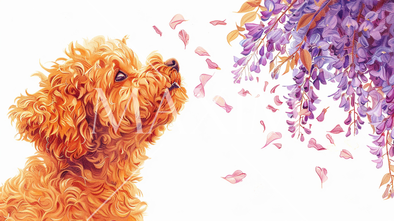 トイプードルと散りゆく藤の花：鉛筆＋水彩