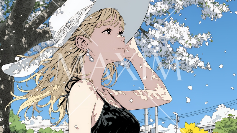 春風に飛ばされそうな帽子を、手で押さえる若い女性