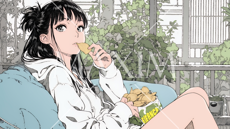 ポテトチップスをつまみながら、ひとりでビデオを観る若い女性