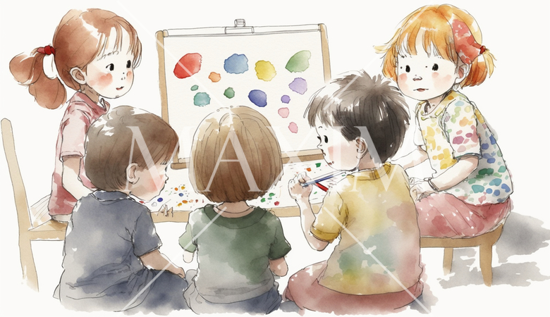 仲良くお絵描きをしている子供達