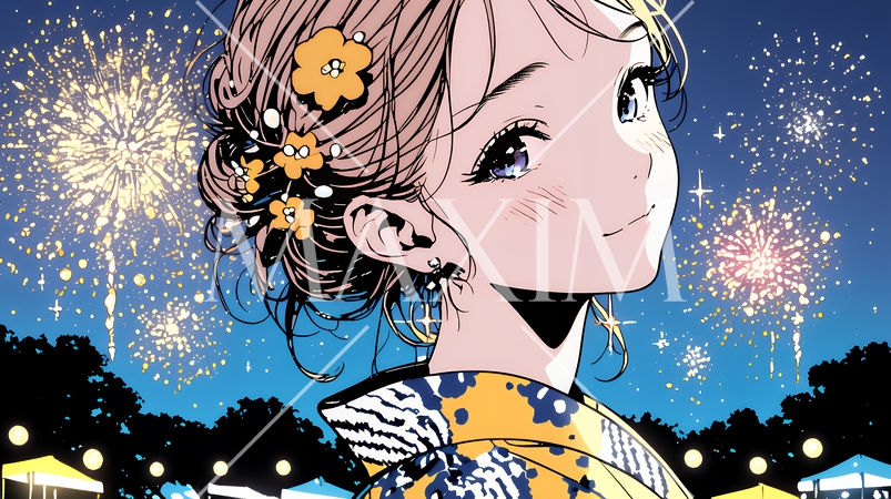 打ち上げ花火を見ている浴衣を着た若い女性