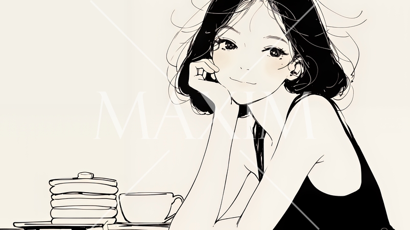 早朝のダイナー（喫茶店）でパンケーキ（モーニングセット）を食べる若い女性（シンプルな色使い）