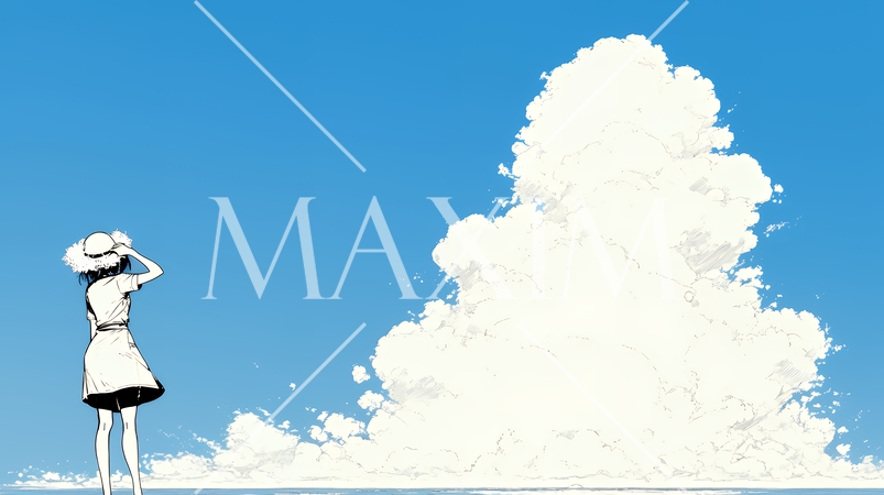 夏の海と入道雲と若い女性（シンプルな色使い）