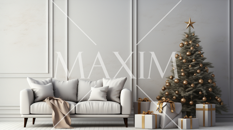 クリスマスツリー飾りのある白基調の居間