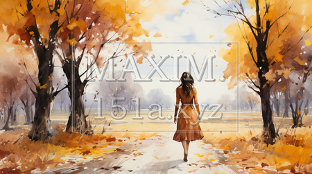 若い女性がいる秋の公園：木々が色づいている水彩画（イラストID:7732791-18668）