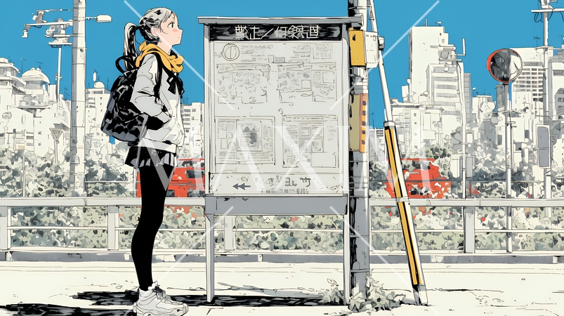 一人旅の旅先、街角で足を止めて道を確かめる若い女性