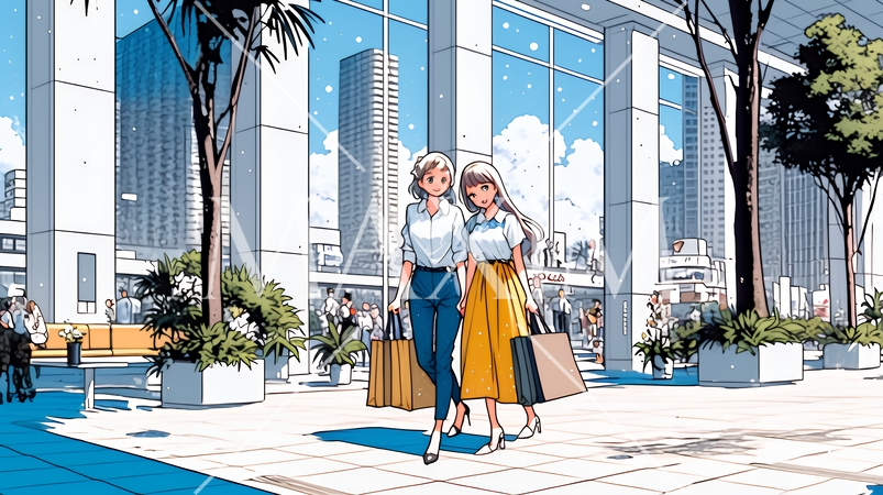 女友達と一緒にショッピングモールを歩き回る若い女性