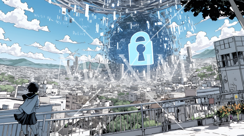 プライバシー・ポリシーやセキュリティー・ポリシーを表す堅牢な門と門番のイメージ