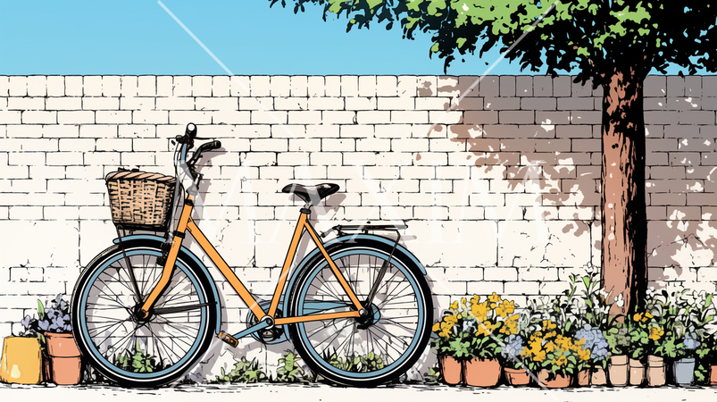 快晴の日差しの下で、白い壁の脇に放置されたママチャリ