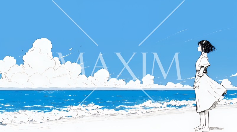 一人旅の若い女性と夏のビーチの風景（シンプルな色使い）