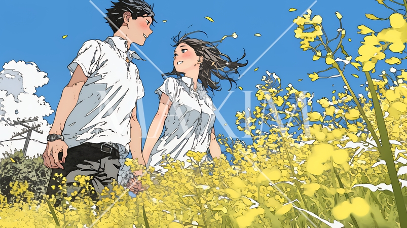 菜の花畑でデートをしている若いカップル