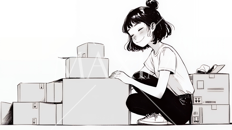 引っ越しの荷造り・荷解きをしている若い女性（シンプルな色使い）