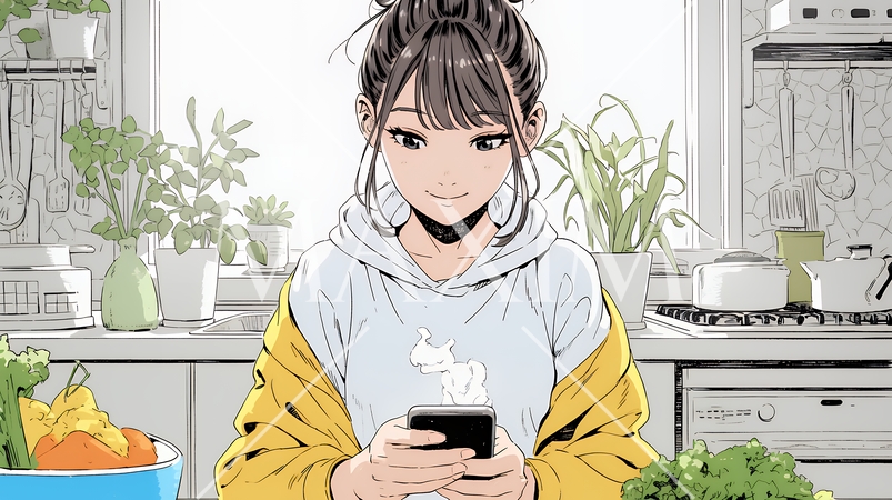 食事の最中もスマホを手放せない若い女性