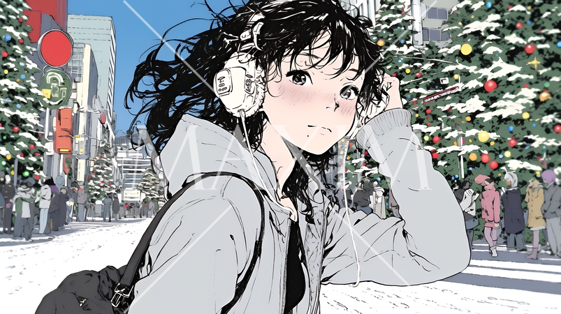 ホワイトクリスマスの街を歩く若い女性